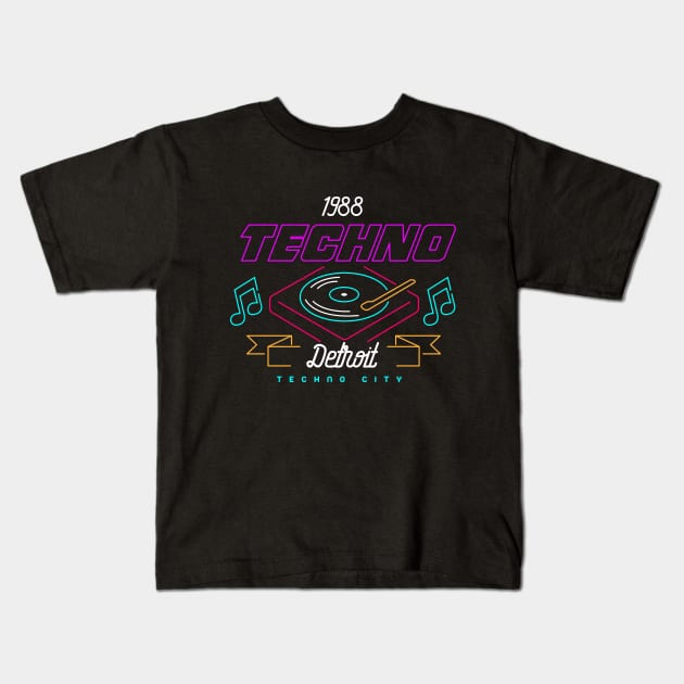 Detroit Techno Vintage Retro 80s Music Kids T-Shirt by Kogarashi